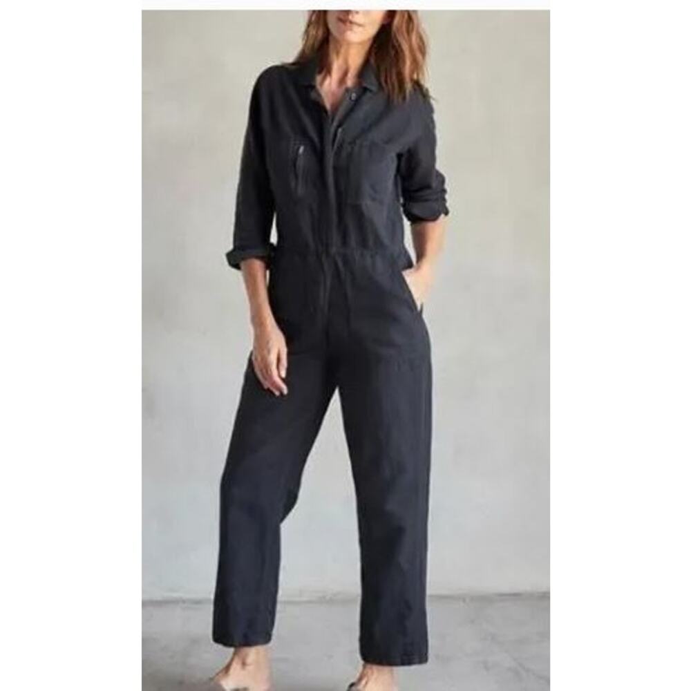 Outerknown XS Station Jumpsuit Black Cotton Linen Utility Full Zip Long Sleeves